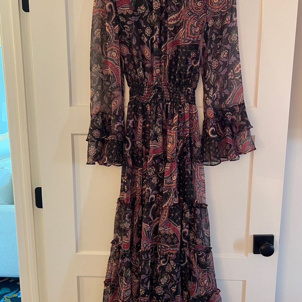 Misa Los Angeles Black and Pink Paisley Midi Dress